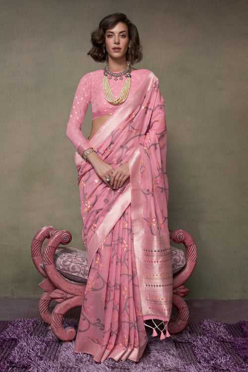 Old Rose Pink Handloom Jamdani Saree