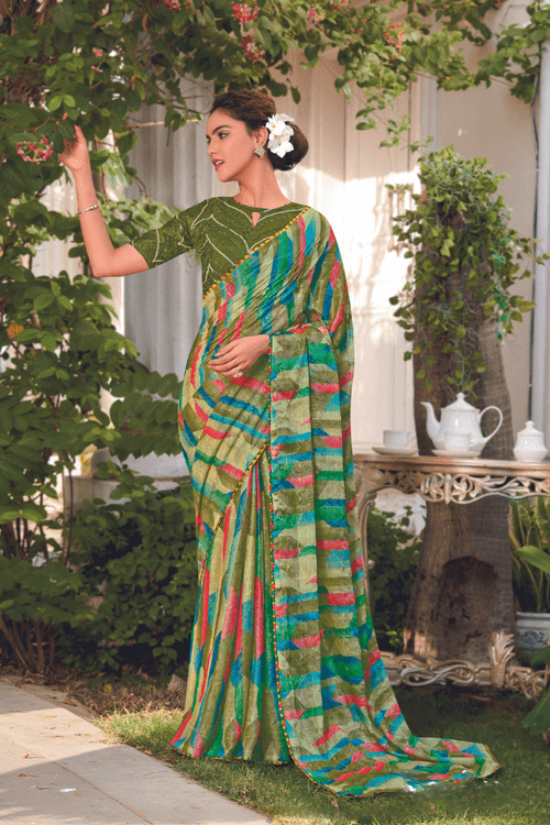 Meatl Green Georgette Chiffon Saree