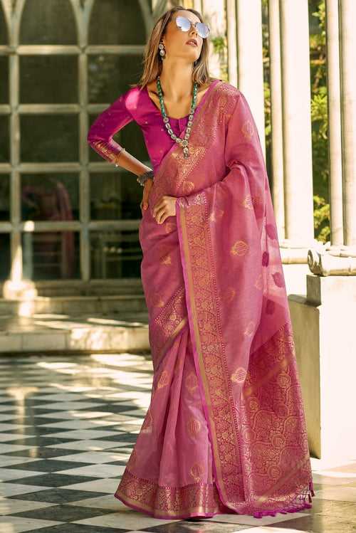 Chestnut Rose Pink Handloom Banarasi Silk Saree