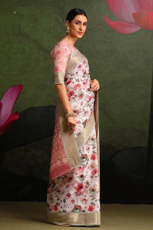 Wafer Cream and Grey Floral Printed Saree