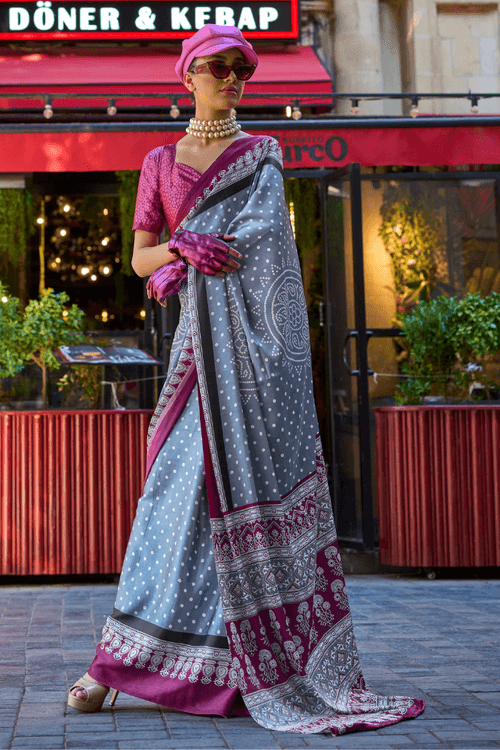 Rock Blue and Purple Printed Satin Crepe Saree