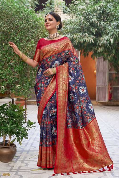 Martinique Blue and Red Designer Woven Patola Silk Saree