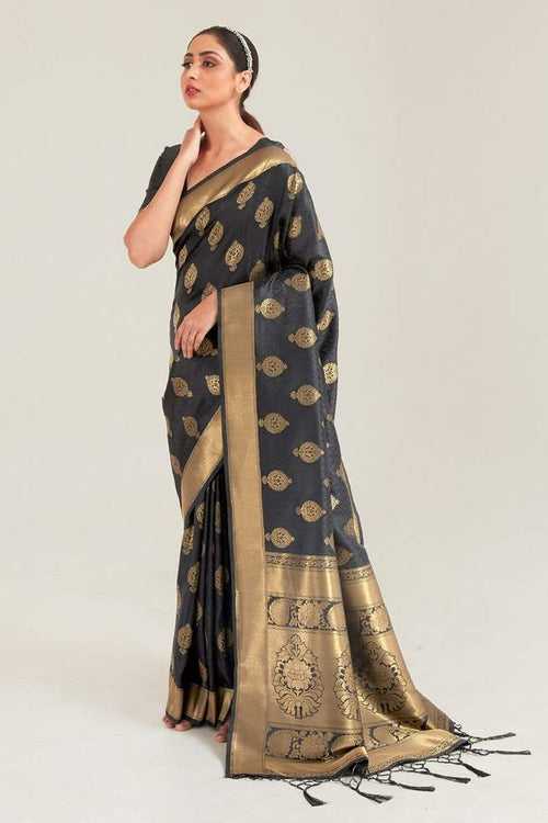 Dark Ship Gray Zari Woven Banarasi Saree