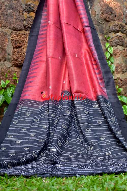 Red Black Fine With Hearts Tussar Saree