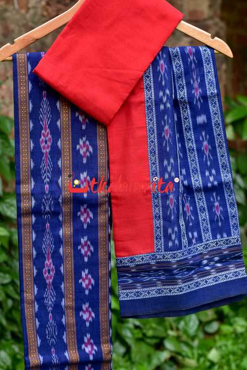 Navy Blue Red Pasapali Long Flower Bandha Dress Set