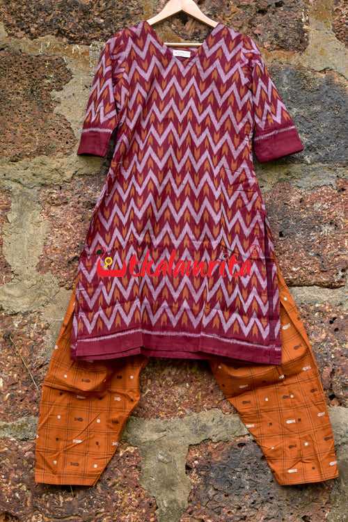 Maroon Wave With Rust Fish Buti (Ladies' Salwar Set)