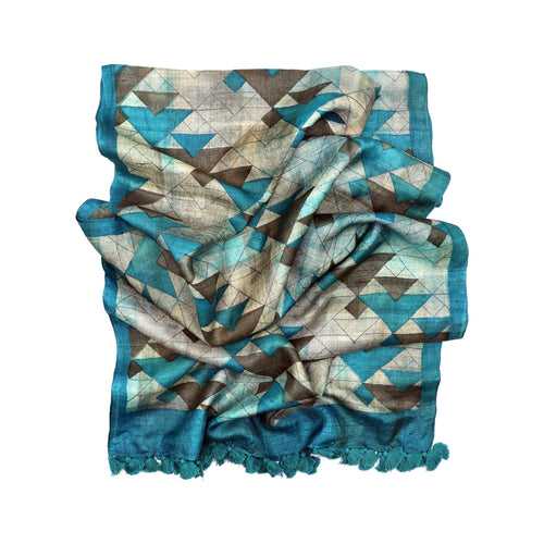 Modernist Triangles Hand Printed Tussah Silk Stole: Ecru and Turquoise