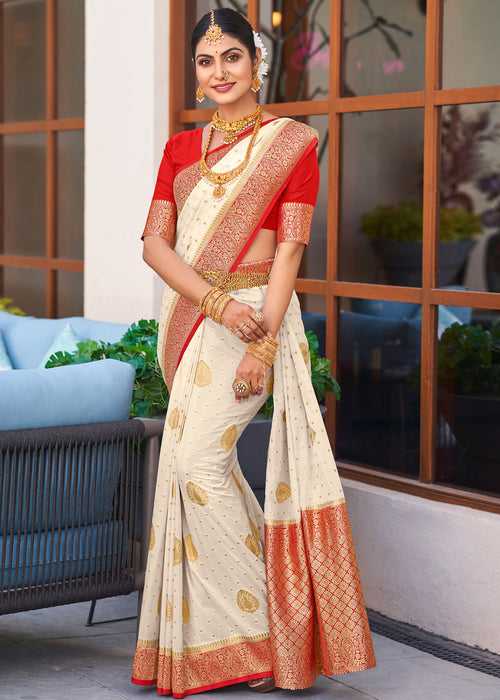 Bridal Collection Pure Rich Zari Work White Silk Crepe Saree