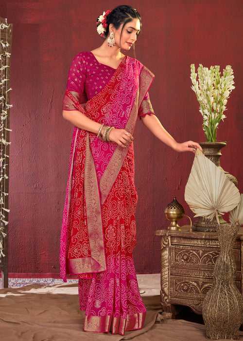 Dual Shades Bandhani Printed Red Pink Weightless Georgette Saree With Embroidery Lace