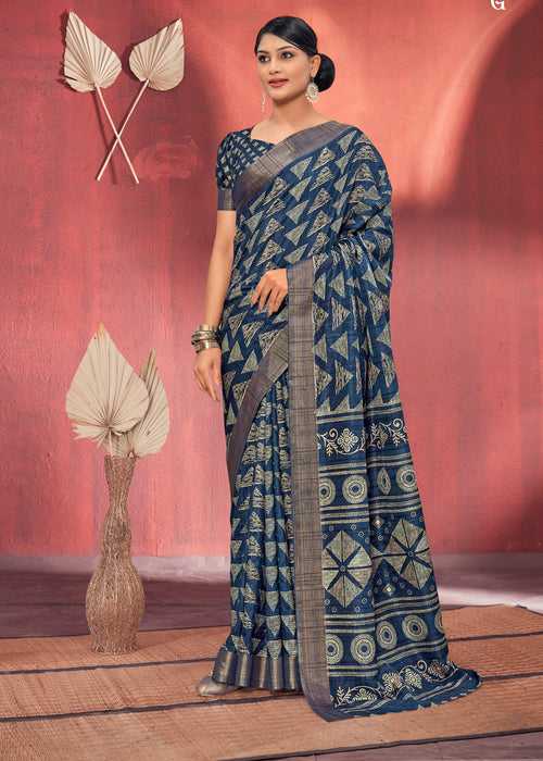 PURE HANDLOOM WEAVE BLock PRINTS BLUE GOTHA SILK SAREE	Pure Handloom Weave Blcok Prints Blue Gotha Silk Saree