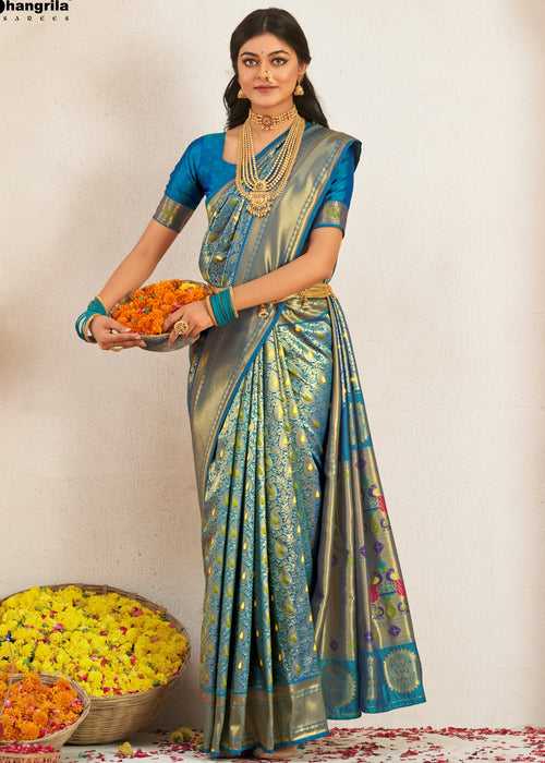 Pure Zari Woven Blue Meenakari Paithani Saree