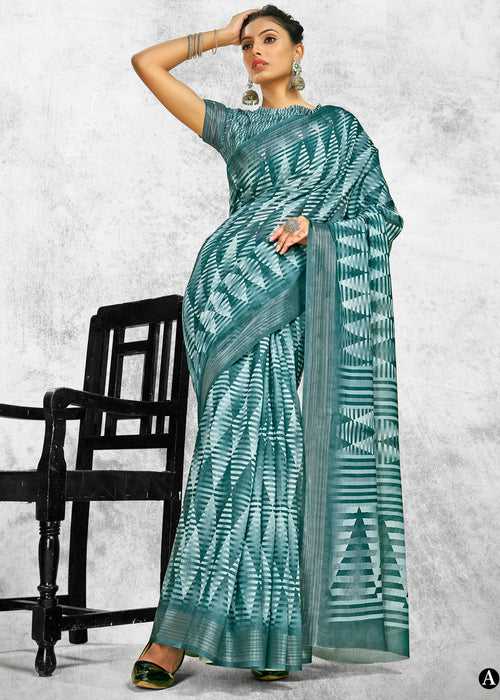 Digital Geometric Printed Metalic Blue Linen Cotton Saree