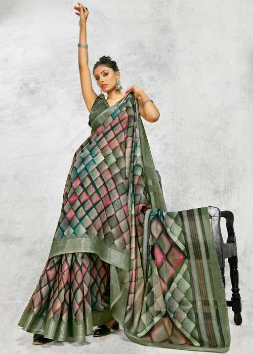 Digital Geometric Printed Metalic Green Linen Cotton Saree