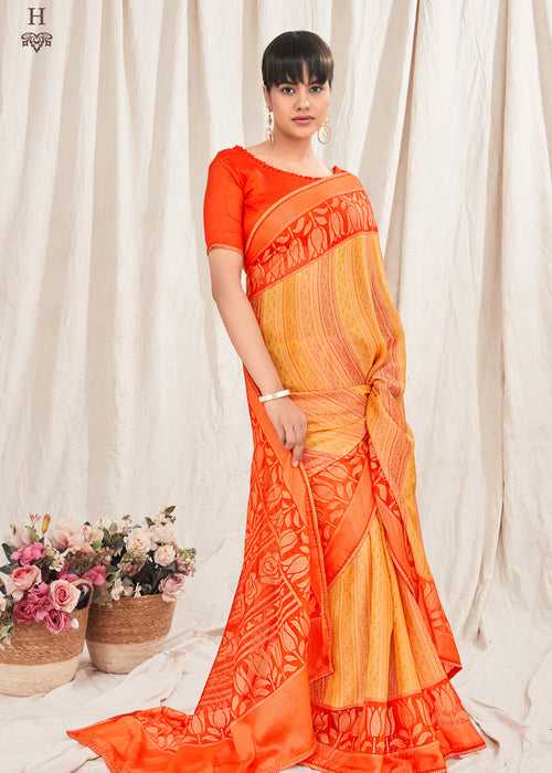 Bandhani Bandhej Printed Orange Yellow Soft Marble Chiffon Saree