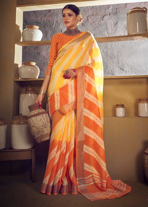 Yellow Orange Leheriya Printed Zari Border Linen Cotton Saree