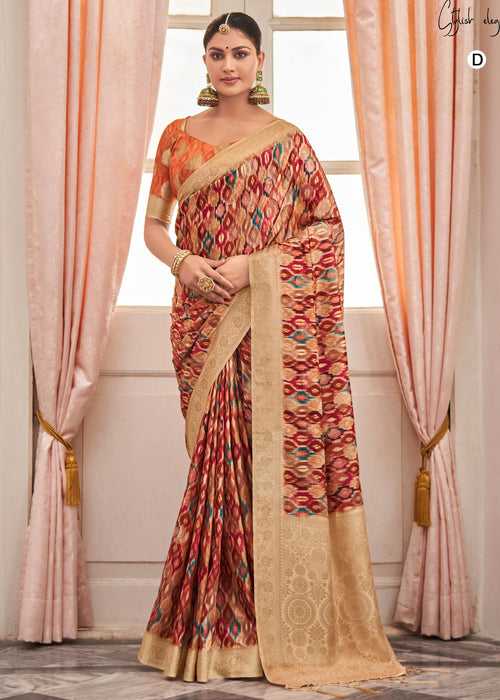 Digital Bagru Printed Brown Cotton Silk Saree