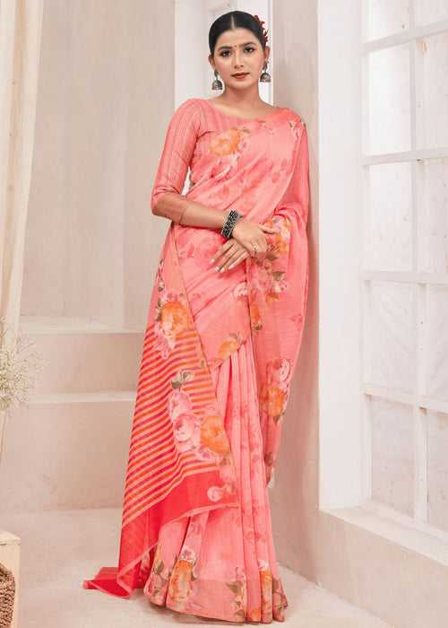 Beautiful Color Prints Pink Peach Linen Dailywear Saree