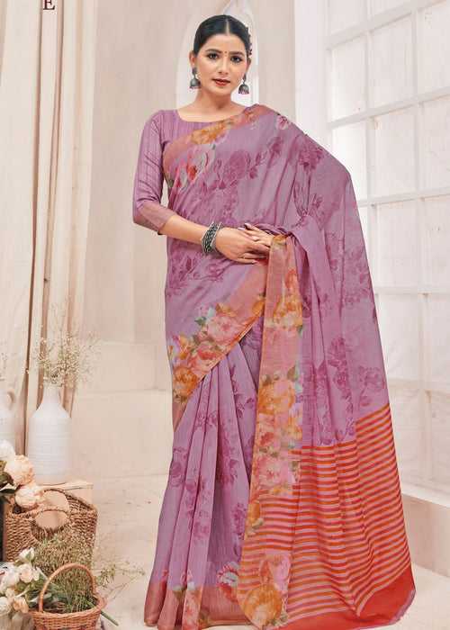 Beautiful Color Prints Purple Linen Dailywear Saree
