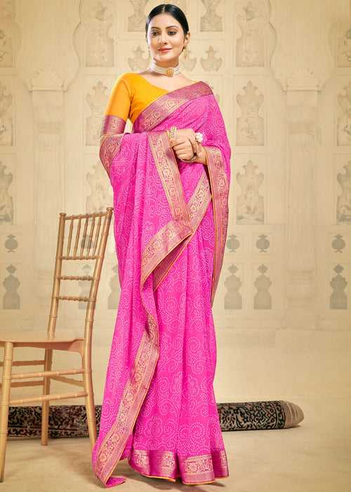 Polka Printed Pink Weightless Georgette Bandhej Saree