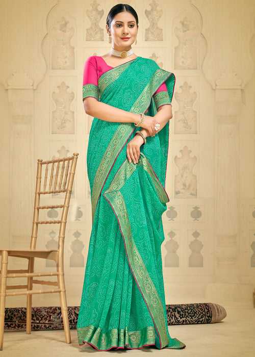 Polka Printed Light Green Weightless Georgette Bandhej Saree