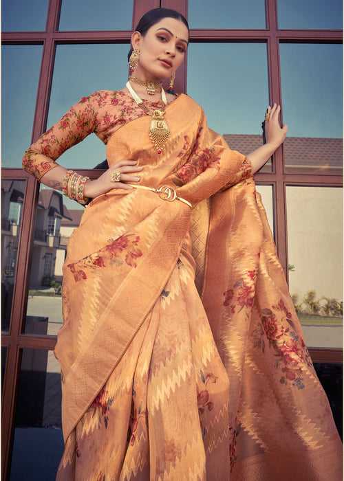 Digital Floral Printed Orange Organza Silk Saree