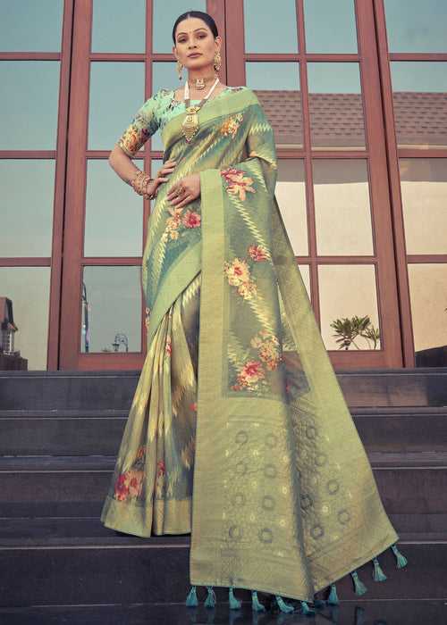 Digital Floral Printed Metalic Green Organza Silk Saree