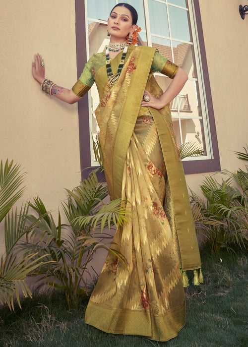 Digital Floral Printed Beige Organza Silk Saree