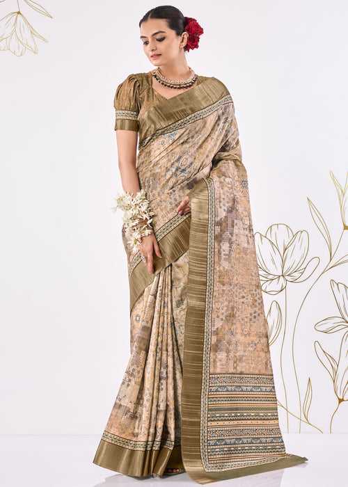 Abstract Digital Printed Beige Kota Silk Saree