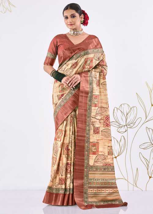 Abstract Digital Printed Peach Brown Kota Silk Saree