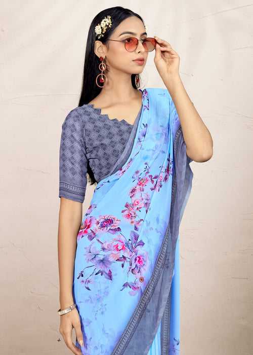 Pure Digital Floral Prints Blue Weavng Lappet Weightless Georgette Saree