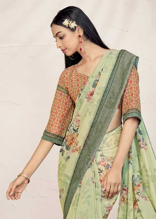 Pure Digital Floral Prints Leaf Green Weavng Lappet Weightless Georgette Saree