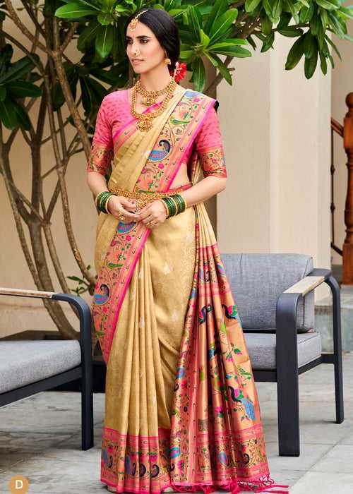 Gold Kanchipuram Silk Cream Beige Paithani Saree