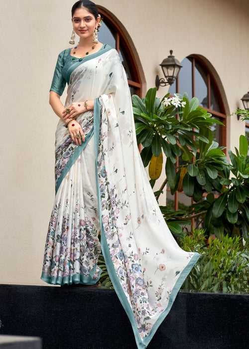 Digital Floral Printed White  Satin Crepe Saree