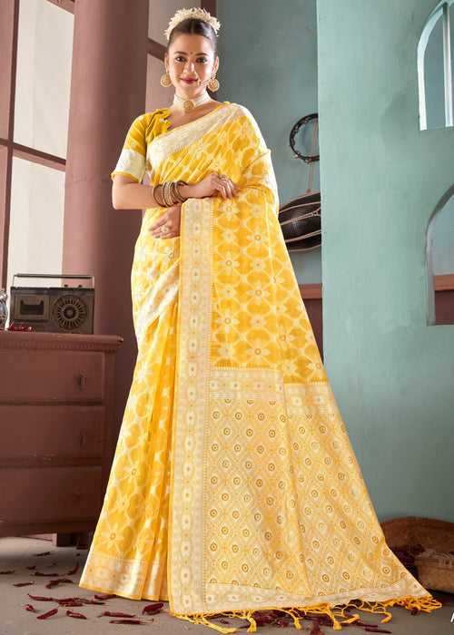 Chikankari Woven Yellow Soft Cotton Saree