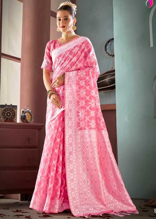 Chikankari Woven Pink Soft Cotton Saree