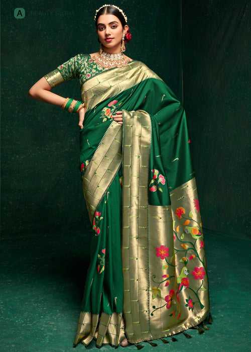 Pure Silk Meena Woven Dark Green Paithani Sare