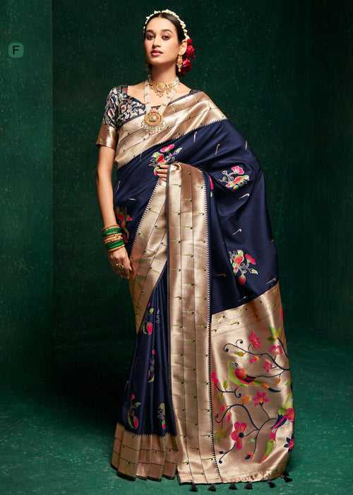 Pure Silk Meena Woven Blue Paithani Sare