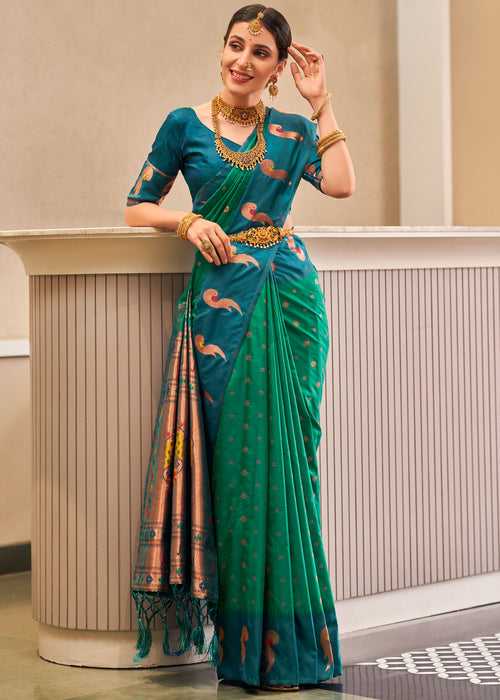 Zari Booti Woven Yeola Paithani Green Blue Saree