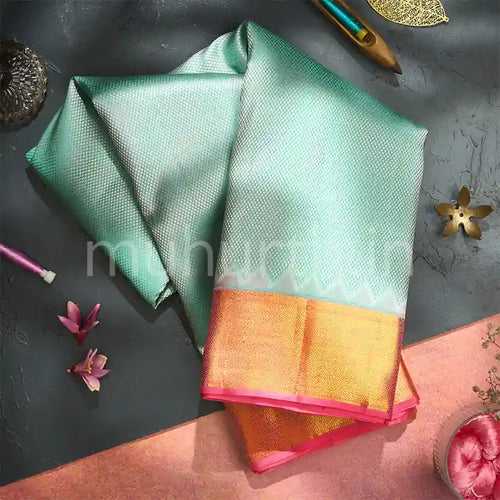 Kanjivaram Sea Green Silk Saree with Peach