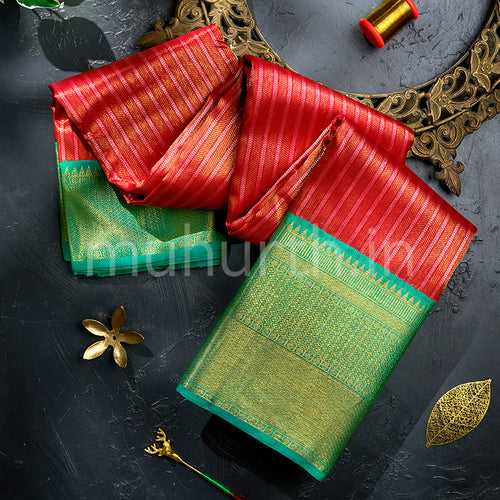 Kanjivaram Bright Red Silk Saree with Light Green