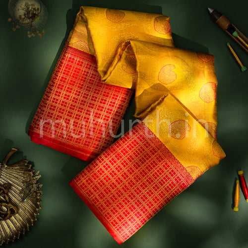 Kanjivaram Golden Mustard Silk Saree with Bright Red