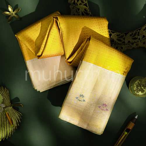 Kanjivaram Golden Mustard Silk Saree with Tussar White