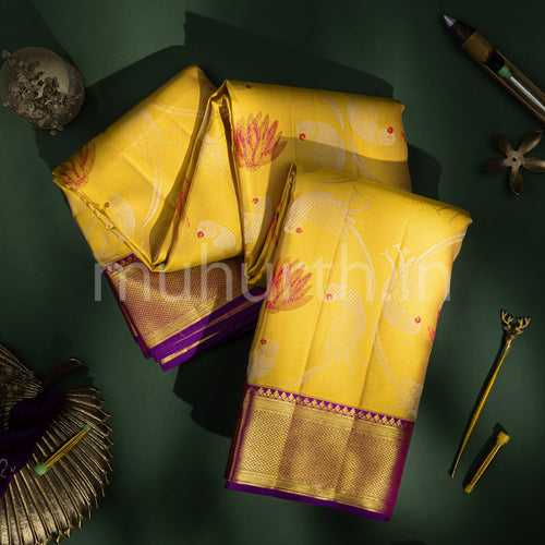 Kanjivaram Golden Mustard Silk Saree with Magenta