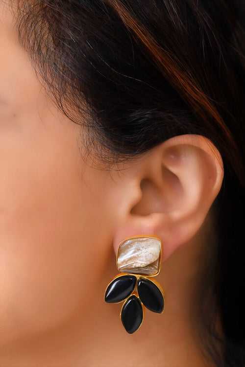 Mismatched Black Semi Precious Floral Studs