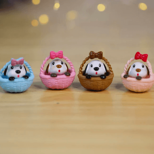 Miniature Pup in Basket (set of 4) Decor