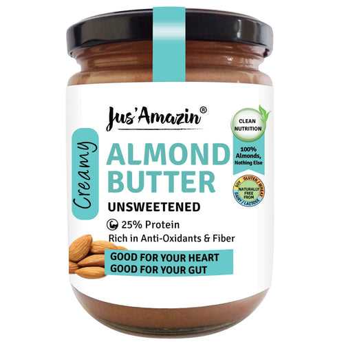 Jus Amazin Creamy Almond Butter - Unsweetened (500g) | 25% Protein | Clean Nutrition |Single ingredient - 100% Almonds | Zero Additives | plant based & Dairy Free