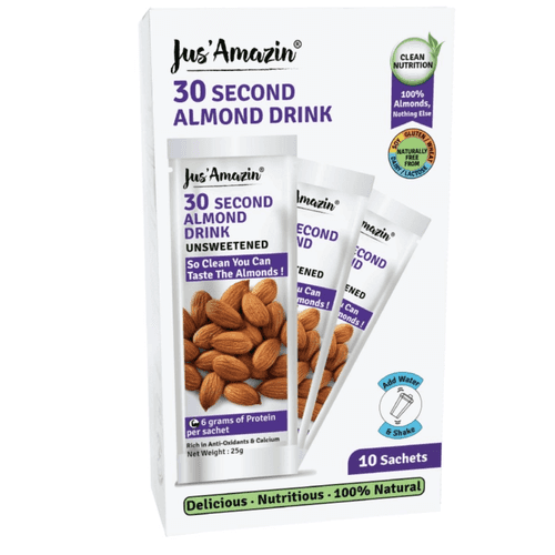 Jus Amazin 30-Second Almond Drink - Unsweetened (10X25g Sachets), 250gm | High Protein (6g per sachets) | 1 Sachet makes 1 glass of Almond Drink | Clean Nutrition | Single Ingredient - 100% Almonds |  Zero Additives | plant based & Dairy Free