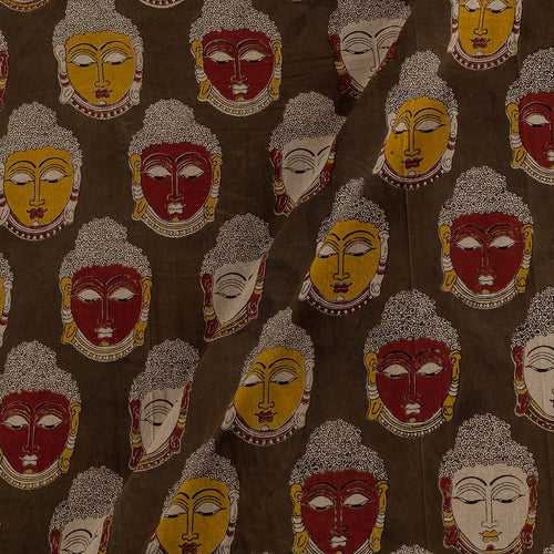 Cotton Olive Colour Buddha Face Motif Print Kalamkari 46 Inches Width Fabric Cut Of 0.55 Meter