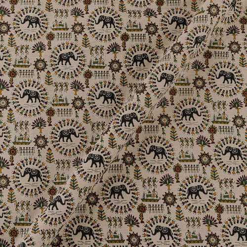 Warli Print on Off White Colour 43 Inches Width Flex Cotton (Cotton Linen) Fabric Cut Of 0.60 Meter