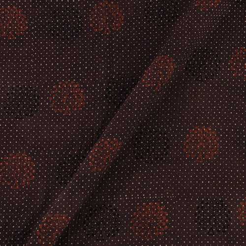 Unique Cotton Ajrakh Dark Cedar Colour Natural Dye Dots with Floral Hand Block Print 43 Inches Width Fabric Cut Of 0.40 Meter